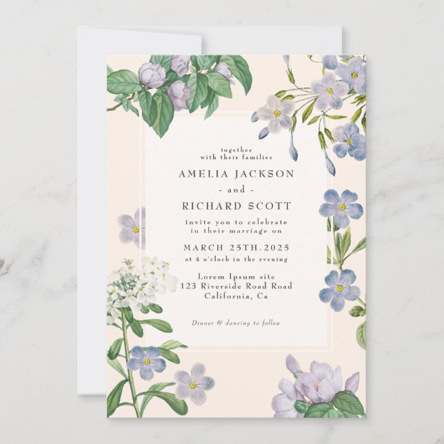 Dusty blue watercolor floral classic wedding invitation (Front)