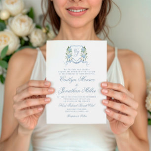 Dusty Blue Watercolor Floral Crest Wedding Invitation