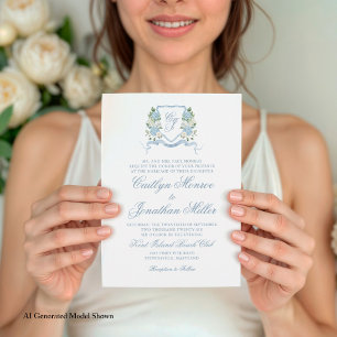 Dusty Blue Watercolor Floral Crest Wedding Invitation