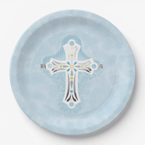 Dusty Blue Watercolor Floral Cross Baptism  Paper Plates