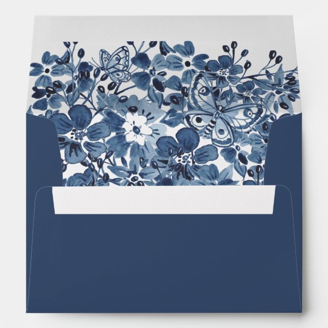 Dusty Blue Watercolor Floral Custom Lined Wedding Envelope (Back (Bottom))