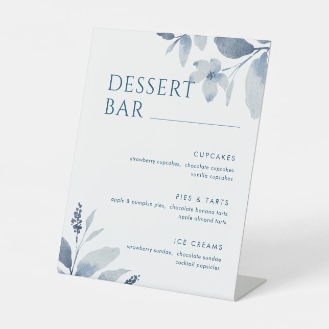 Dusty Blue Watercolor Floral Dessert Bar Menu Sign (Front)