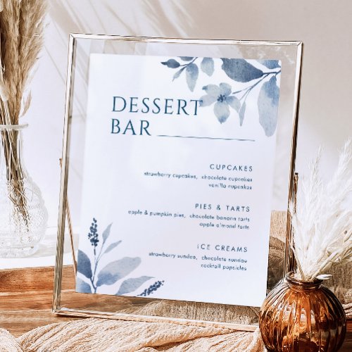 Dusty Blue Watercolor Floral Dessert Bar Menu Sign