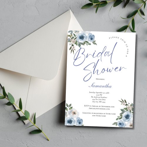 Dusty Blue Watercolor Floral Elegant Bridal Shower Invitation