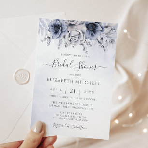 Dusty Blue Watercolor Floral Elegant Bridal Shower Invitation