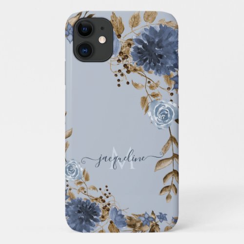 Dusty Blue Watercolor Floral Elegant Script Name iPhone 11 Case
