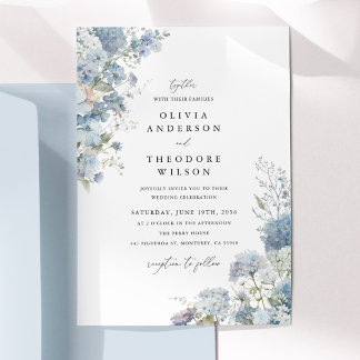 Dusty Blue Watercolor Floral Elegant Wedding Invitation
