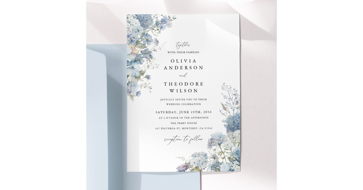 Dusty Blue Watercolor Floral Elegant Wedding Invitation | Zazzle