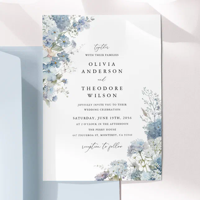 Dusty Blue Watercolor Floral Elegant Wedding Invitation | Zazzle