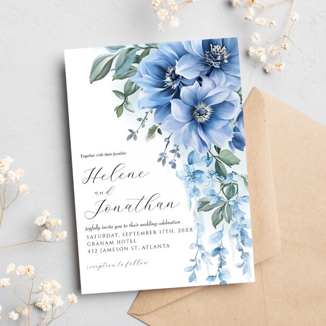 Dusty Blue Watercolor Floral Elegant Wedding Invitation (Dusty Blue Watercolor Floral Elegant Wedding Invitation)
