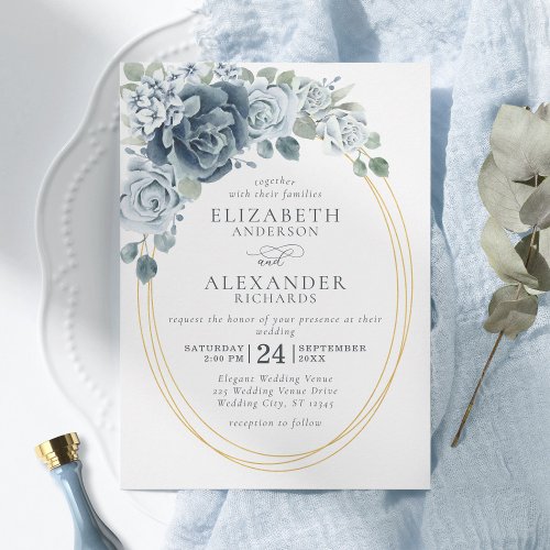 Dusty Blue Watercolor Floral Elegant Wedding Invitation