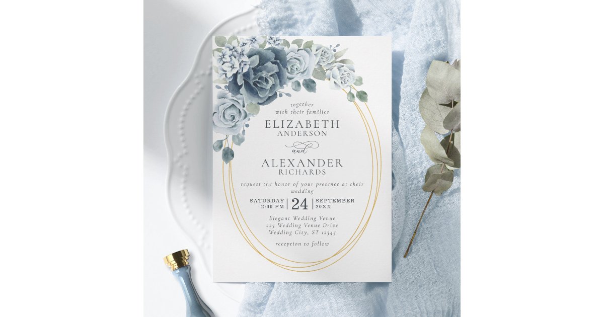 Dusty Blue Watercolor Floral Elegant Wedding Invitation | Zazzle