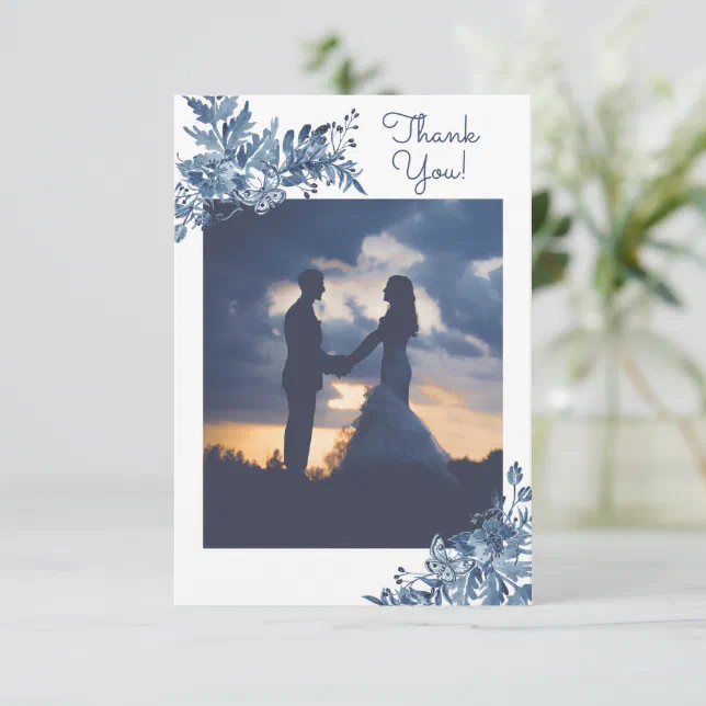 Dusty Blue Watercolor Floral Elegant Wedding Photo Thank You Card | Zazzle