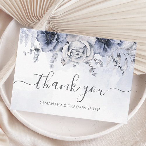 Dusty Blue Watercolor Floral Elegant Wedding Thank You Card