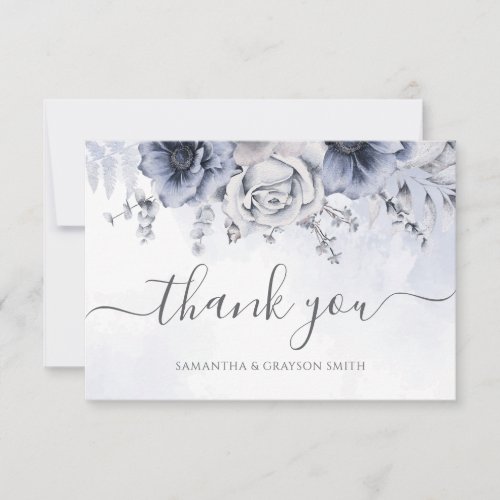 Dusty Blue Watercolor Floral Elegant Wedding Thank You Card
