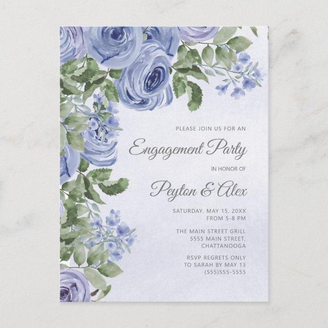 Dusty Blue Watercolor Floral Engagement Postcard (Front)
