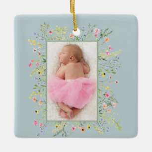 Dusty Blue Watercolor Floral Frame Photo  Ceramic Ornament