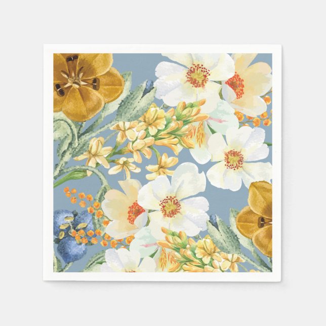 Dusty blue Watercolor floral garden flowers  Napkins (Front)