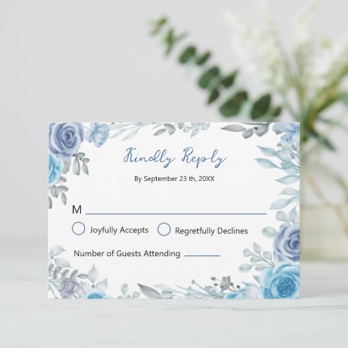 Dusty Blue Watercolor Floral Garden Wedding RSVP Card