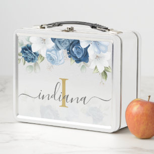 Dusty Blue Watercolor Floral Monogram Script Name Metal Lunch Box