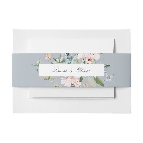 Dusty Blue Watercolor Floral Name Wedding Invitation Belly Band