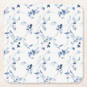 Dusty Blue Watercolor Floral Pattern Wedding Square Paper Coaster