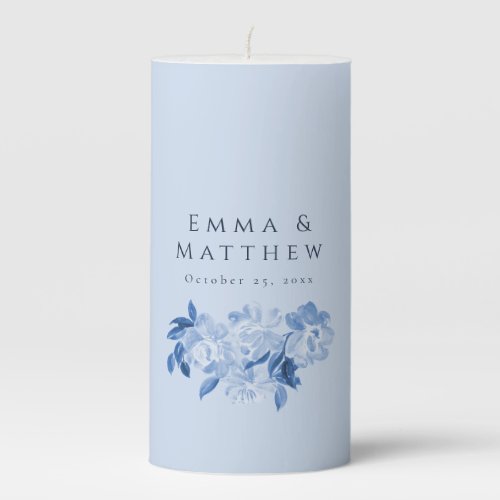 Dusty Blue Watercolor Floral Peonies Bouquet Pillar Candle