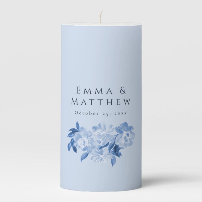 Dusty Blue Watercolor Floral Peonies Bouquet Pillar Candle (Front)
