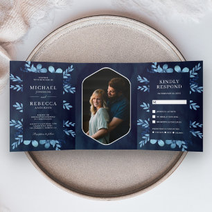 Dusty Blue Watercolor Floral Photo Navy Wedding Tri-Fold Invitation