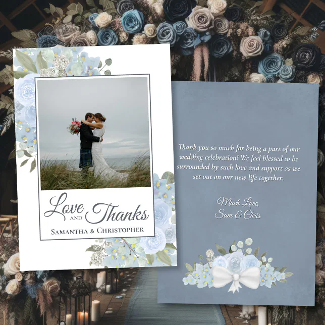 Dusty Blue Watercolor Floral Photo & Note Wedding Thank You Card | Zazzle