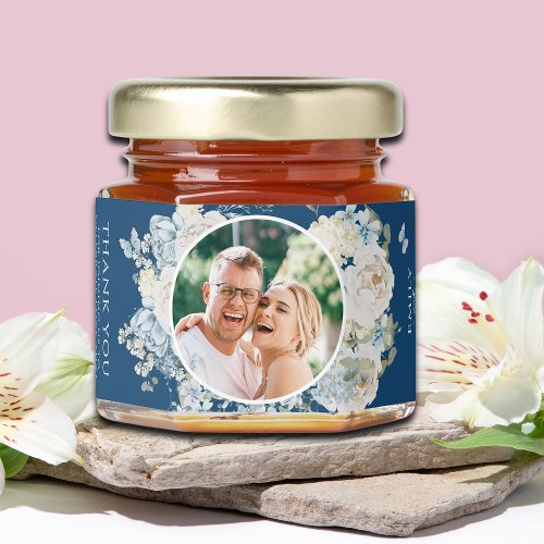 Dusty Blue Watercolor Floral Photo Wedding Honey Jar Favors
