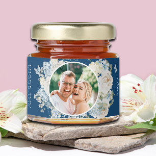 Dusty Blue Watercolor Floral Photo Wedding Honey Jar Favors