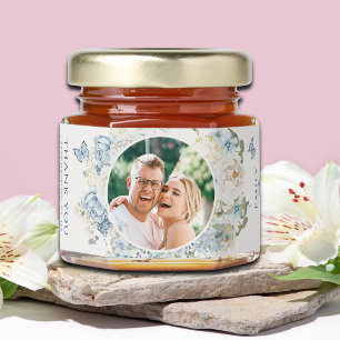 Dusty Blue Watercolor Floral Photo Wedding Honey Jar Favors