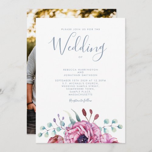 Dusty Blue Watercolor Floral Photo Wedding Invitation