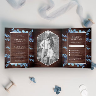Dusty Blue Watercolor Floral Photo Wood Wedding Tri-Fold Invitation