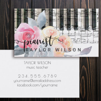 Dusty Blue Watercolor Floral Pianist Script Business Card by musickitten at Zazzle