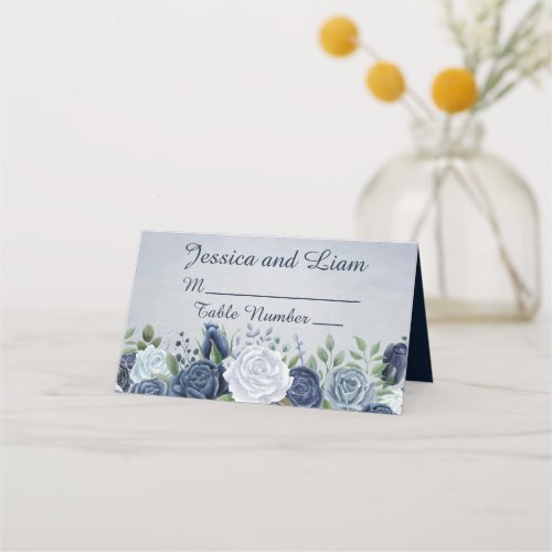 Dusty Blue Watercolor Floral Place Card