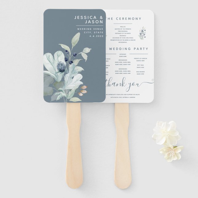 Dusty Blue Watercolor Floral Program Fans (Front and Back)