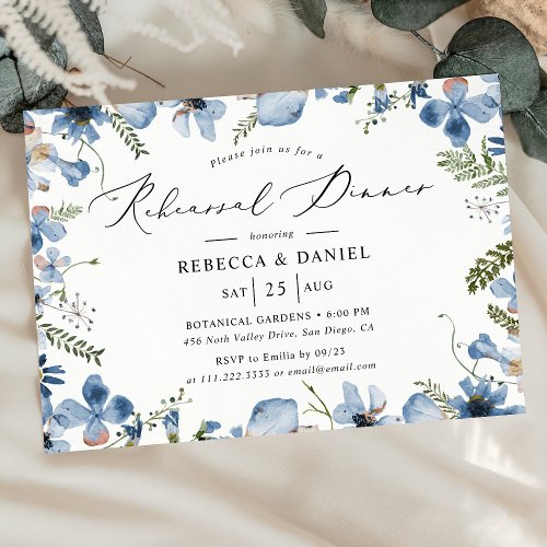 Dusty Blue Watercolor Floral Rehearsal Dinner Invitation