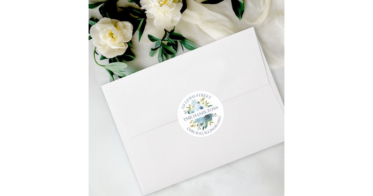Dusty Blue Watercolor Floral Return Address Classic Round Sticker | Zazzle