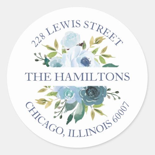 Dusty Blue Watercolor Floral Return Address Classic Round Sticker