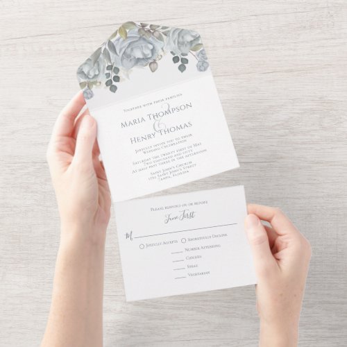 Dusty Blue Watercolor Floral RSVP Meal Choice All In One Invitation
