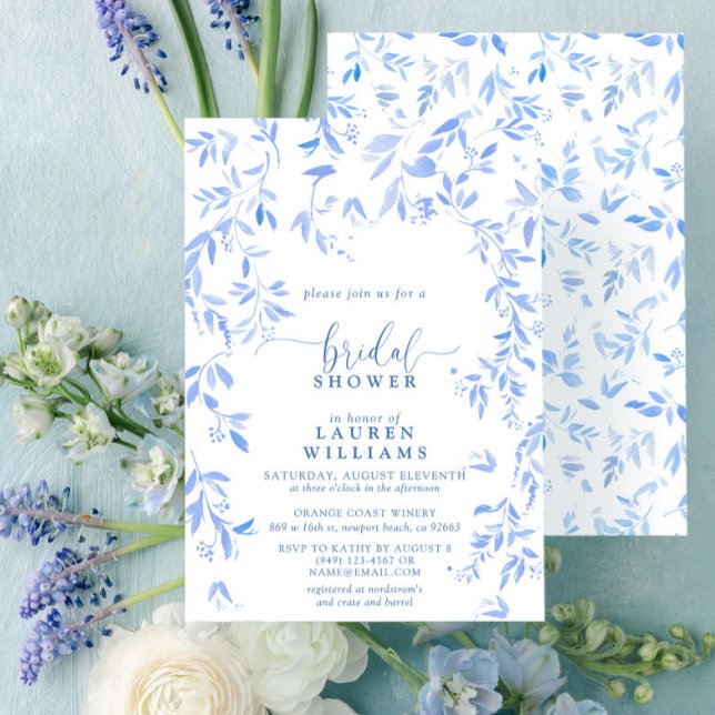 Dusty Blue Watercolor Floral Script Bridal Shower Invitation (Creator Uploaded)
