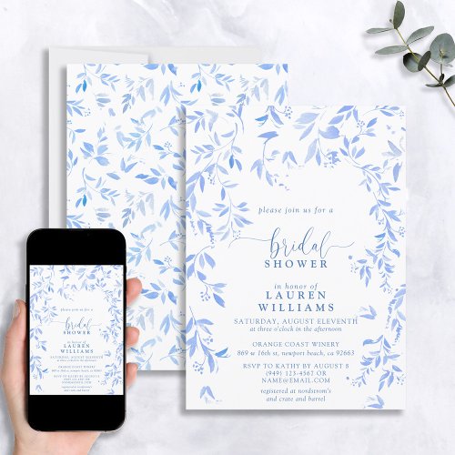 Dusty Blue Watercolor Floral Script Bridal Shower Invitation