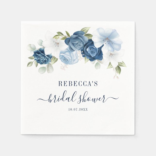 Dusty Blue Watercolor Floral Script Bridal Shower Napkins (Front)