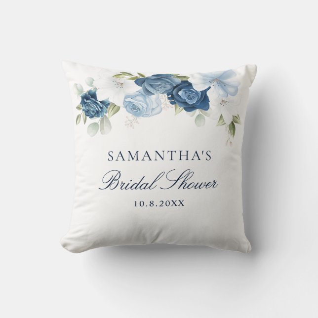 Dusty Blue Watercolor Floral Script Bridal Shower Throw Pillow (Front)