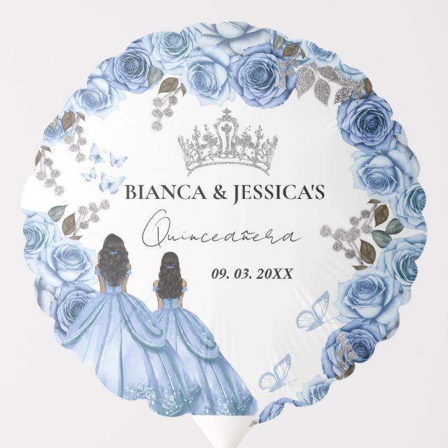 Dusty Blue Watercolor Floral Twin Quinceañera Balloon (Front)