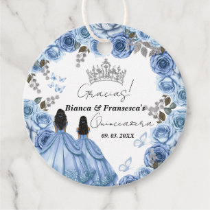 Dusty Blue Watercolor Floral Twin Quinceañera Favor Tags
