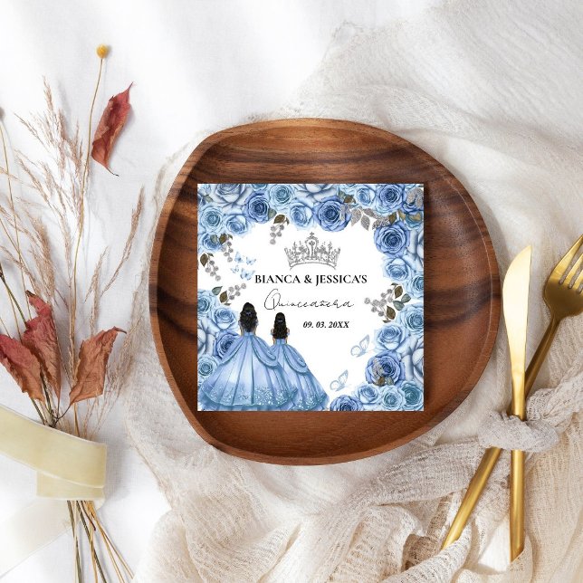 Dusty Blue Watercolor Floral Twin Quinceañera Napkins (Creator Uploaded)