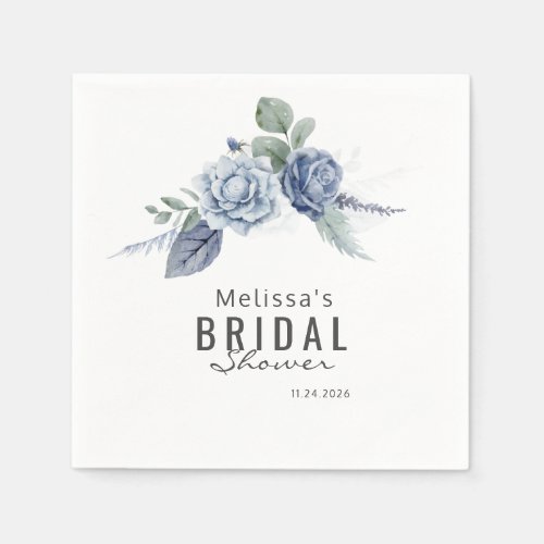 Dusty Blue Watercolor Floral Typography Paper Napkins